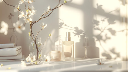 Cosmetic products and magnolia flowers on white table, 3d renderの写真素材