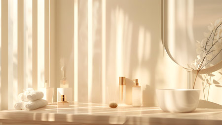 Bathroom interior with bathtub, towel, mirror and cosmetics. 3d renderの写真素材