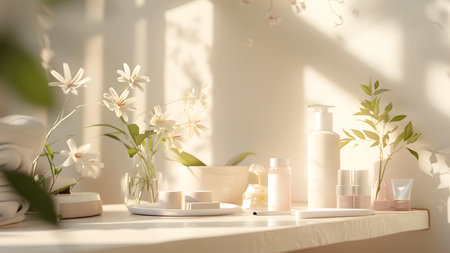 Beautiful spa composition on white table in bathroom, 3d renderの写真素材