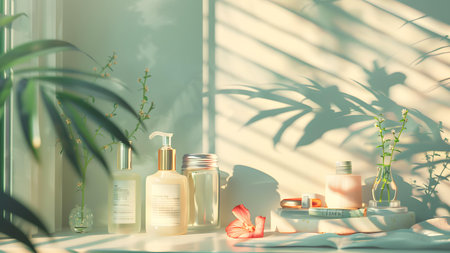 Cosmetics, skin care products on a white table in the sunlight.の写真素材