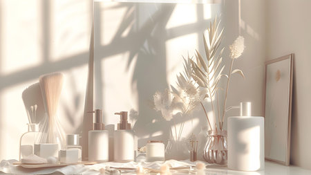 Mockup of cosmetic products on white table, 3d renderの写真素材