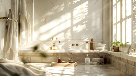 Bathroom interior with bathtub, mirror and towel. 3d renderの写真素材