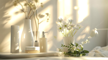 Cosmetic products and flowers on table in bathroom. 3d renderingの写真素材