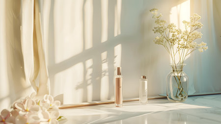 Cosmetics bottles on the white floor in the sunlight. Beauty concept.の写真素材