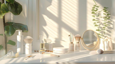 Cosmetics on a white table in the bathroom. 3d renderingの写真素材
