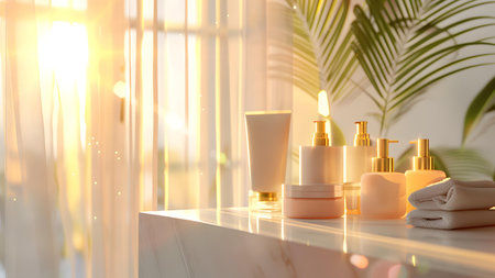 Cosmetic products on table in bathroom, 3d render. Beauty and spa concept