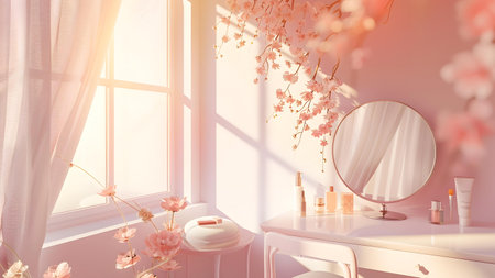 Bathroom interior with mirror and pink flowers, 3d renderの写真素材
