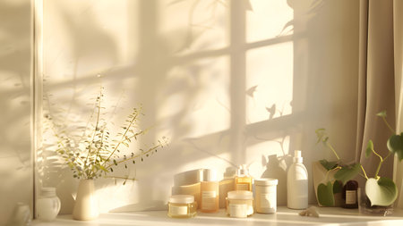 cosmetics and plants on the windowsill. 3d rendering.の写真素材