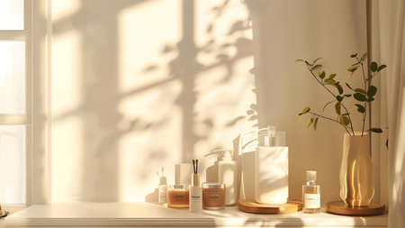 Cosmetic bottles on white shelf in bathroom. 3d rendering.の写真素材
