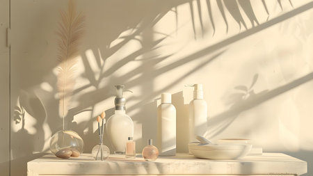 Set of cosmetic products on table in bathroom with palm leaves shadow. 3d renderの写真素材