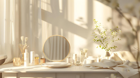 Round mirror on the table. 3d rendering, 3d illustration.の写真素材