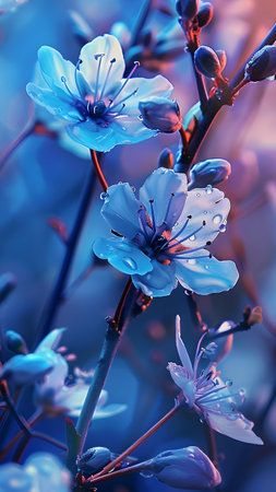 Beautiful cherry blossom flowers in spring time. Blue tonedの写真素材