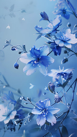 Blue flowers on a blue background. Floral background. Greeting card.の写真素材