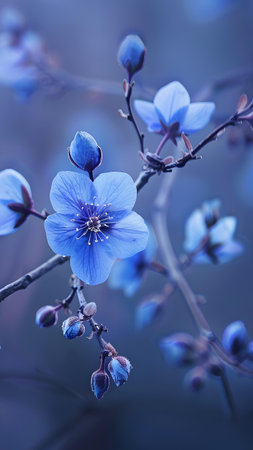 Blue flowers on a blue background. Close-up. Shallow depth of field.の写真素材