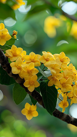 Close up of yellow flower with green leaves and blurred background, Thailand.の写真素材