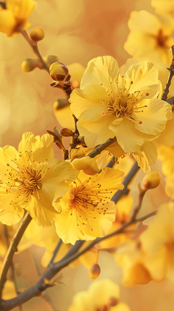 Plum blossom in spring time, close up of yellow flowersの写真素材