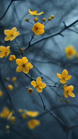 Beautiful yellow flowers on a dark blue background. Toned.の写真素材
