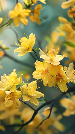 Yellow flowers on blurred background, close-up. Floral backgroundの写真素材