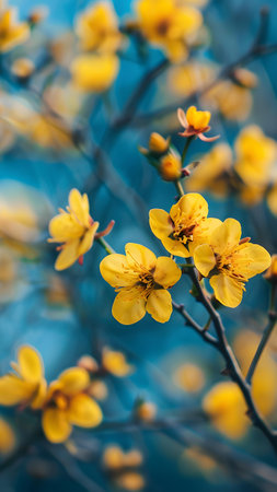Plum blossom in spring season, yellow flowers on blue backgroundの写真素材