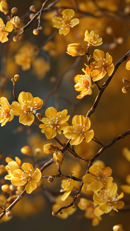 Yellow plum blossoms in full bloom on a tree branch in springの写真素材
