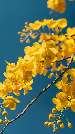 Cochlospermum vernum  yellow flowers on blue sky background