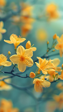 Beautiful yellow flowers on a blue backgroundの写真素材