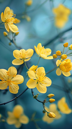 Beautiful yellow flowers on a blue background. Close-up.の写真素材