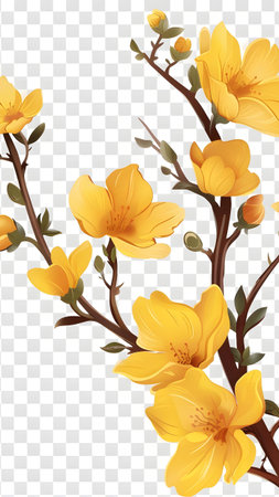 Branch with yellow flowers on transparent background. Vector illustration in a flat style.の写真素材
