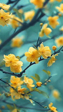 Beautiful yellow flowers on a tree branch in spring, retro tonedの写真素材