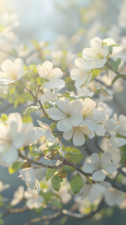 Blossoming branch of apple tree with white flowers in the sunlight
