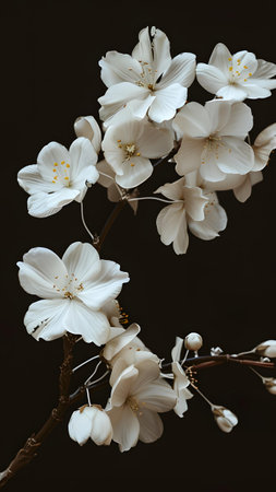 Cherry blossom branch on black background. Spring flowers. Studio shot.の写真素材
