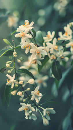 Branch of orange tree with white flowers and green leaves, retro tonedの写真素材