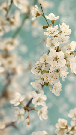 Beautiful cherry blossoms on light blue background, close-up