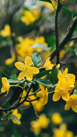 Beautiful yellow flowers on a branch in spring. Selective focus.の写真素材
