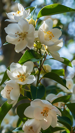 White jasmine flowers on a branch close-up in sunny dayの写真素材