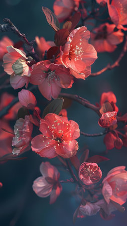 Beautiful blooming Japanese quince flowers in spring, vintage toned