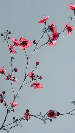Red flowers on a blue sky background. Toned.