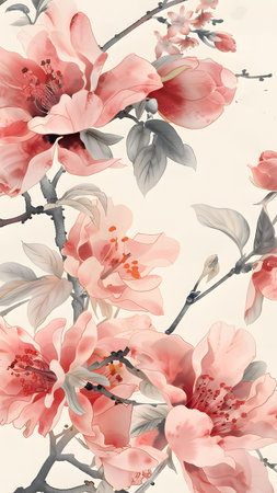 Beautiful blooming branch of magnolia with pink flowers. Seamless pattern.の写真素材