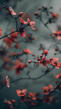 Branch of blossoming Japanese apricot tree with red flowers, retro toned