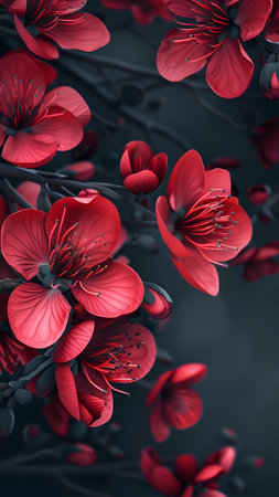 3d rendering of red sakura flowers on a black background.の写真素材