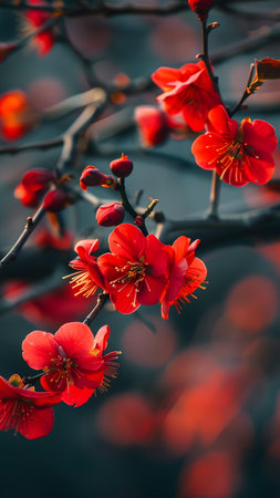 Red flowers of Chaenomeles japonica in springの写真素材