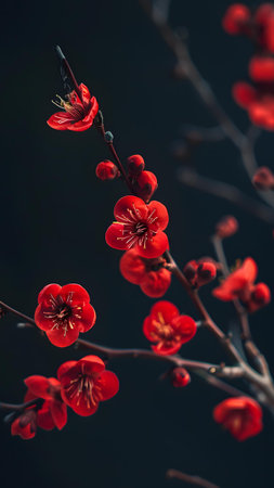 Red plum blossom on dark background, Thai plum blossom.