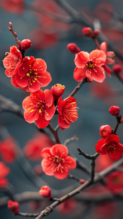 Red plum blossom in the garden. Beautiful nature scene with blooming tree.の写真素材