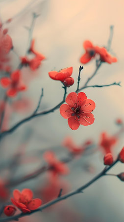 Beautiful red plum blossom in spring time, retro tonedの写真素材