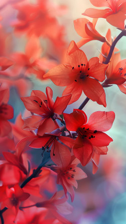 Branch of red flowers on a background of blue sky. Shallow depth of field