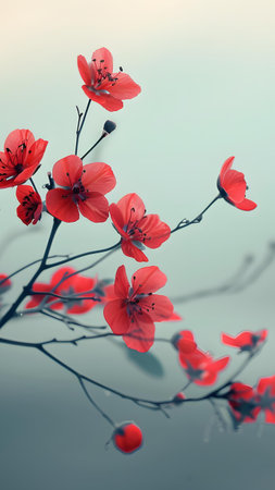 Beautiful red flowers on a blue sky background. Toned.