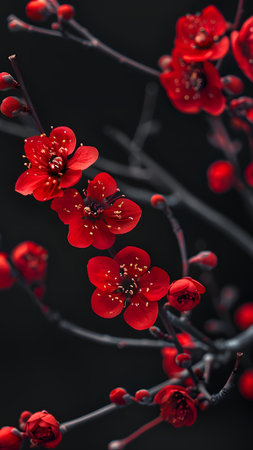 Red flowers of Chaenomeles japonica on black background