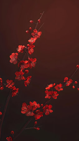 Beautiful red cherry blossom on dark background with copy space.の写真素材