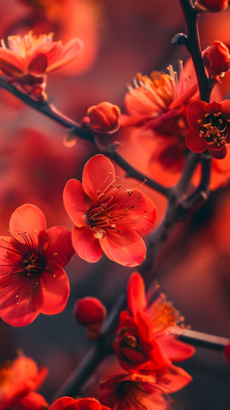 Red flowers of Chaenomeles japonica in springの写真素材