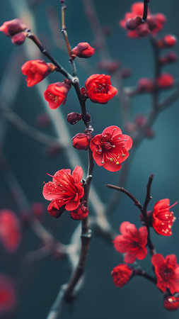 Red plum blossoms on a tree branch in spring, vintage tonedの写真素材